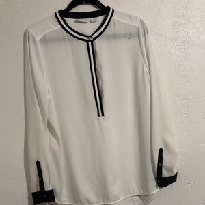 Liz Claiborne White Chiffon Blouse with Black Contrast Trim Top Shirt